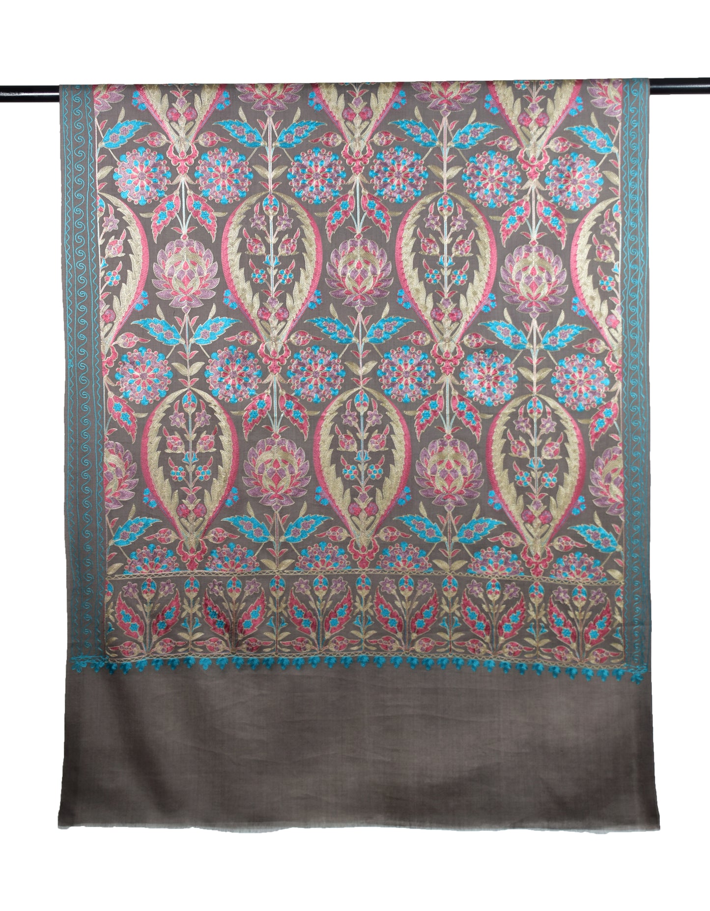 All-Over Winter Floral Motifs on Cashmere Wool Stole with Jaaldar Ari Embroidery – Natural Brown & Multicolor Elegance