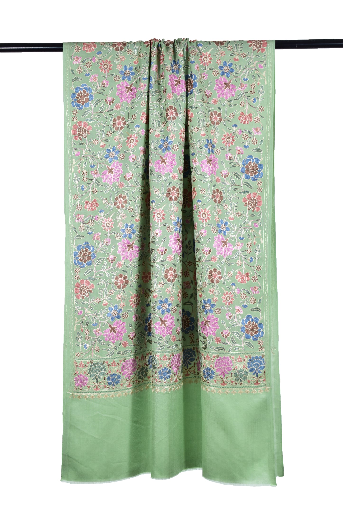 Riem Cashmere Wool Stole in Matcha Green with Artful Sozni Ari Embroidery – Multicolor Splendor