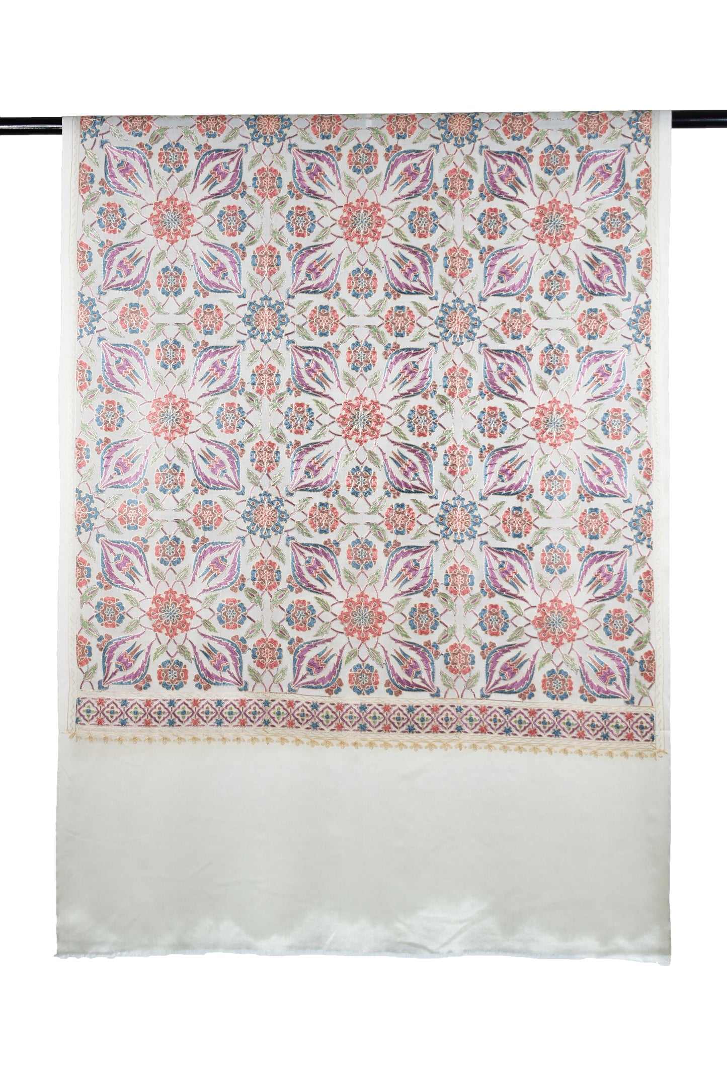 Kashmiri Pearl White Cashmere wool stole with all over Persian flower motifs made with sozni ari embroidery