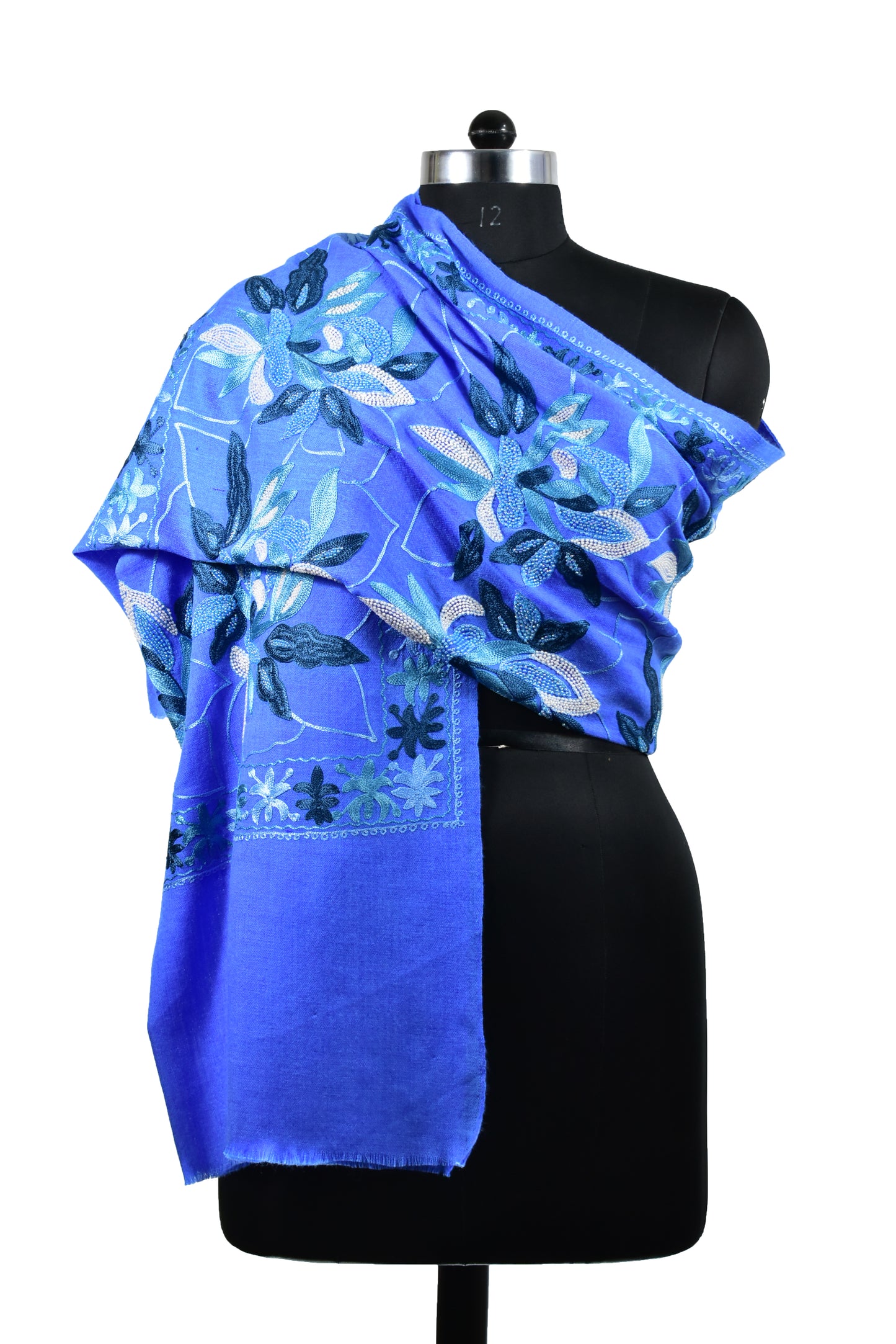 Cashmere Wool Stole in French Sapphire Blue with Intricate Leaf Motifs and Exquisite Ari & Handwork Embroidery by Riem