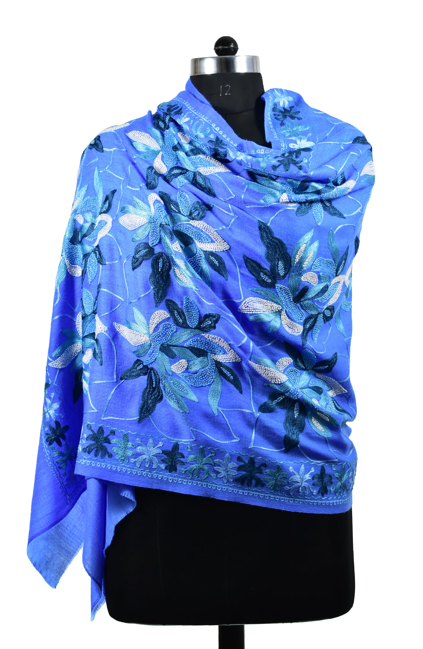 Cashmere Wool Stole in French Sapphire Blue with Intricate Leaf Motifs and Exquisite Ari & Handwork Embroidery by Riem