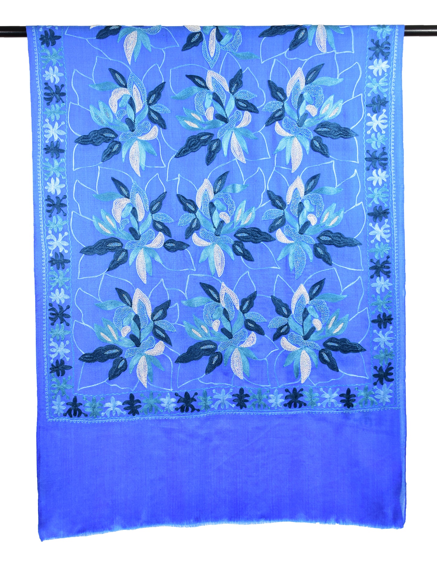 Cashmere Wool Stole in French Sapphire Blue with Intricate Leaf Motifs and Exquisite Ari & Handwork Embroidery by Riem