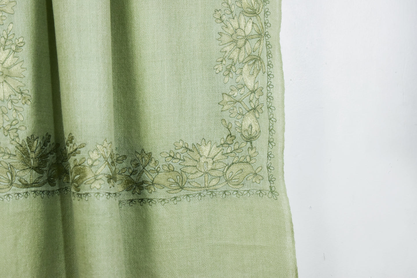 Luxury Kashmiri Cashmere Wool Stole – Tea Green with Handcrafted Floral Vine Design, Single Stitch Embroidery by Riem