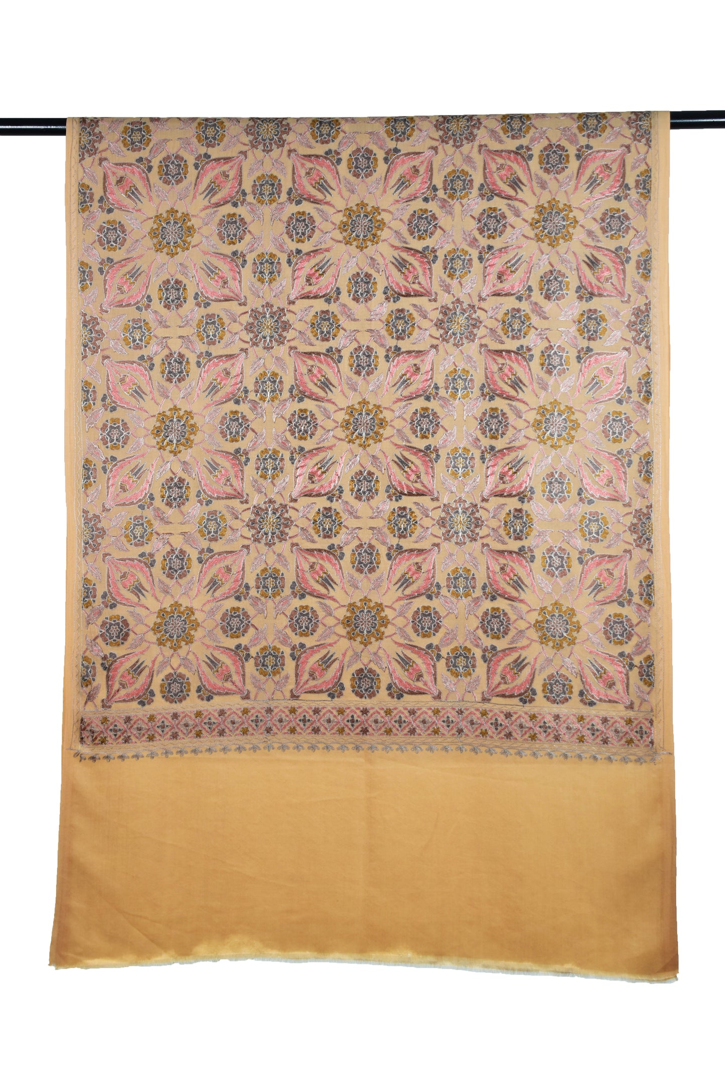 Italian Sepia Beige Cashmere wool stole with all over Persian flower motifs made with sozni ari embroidery