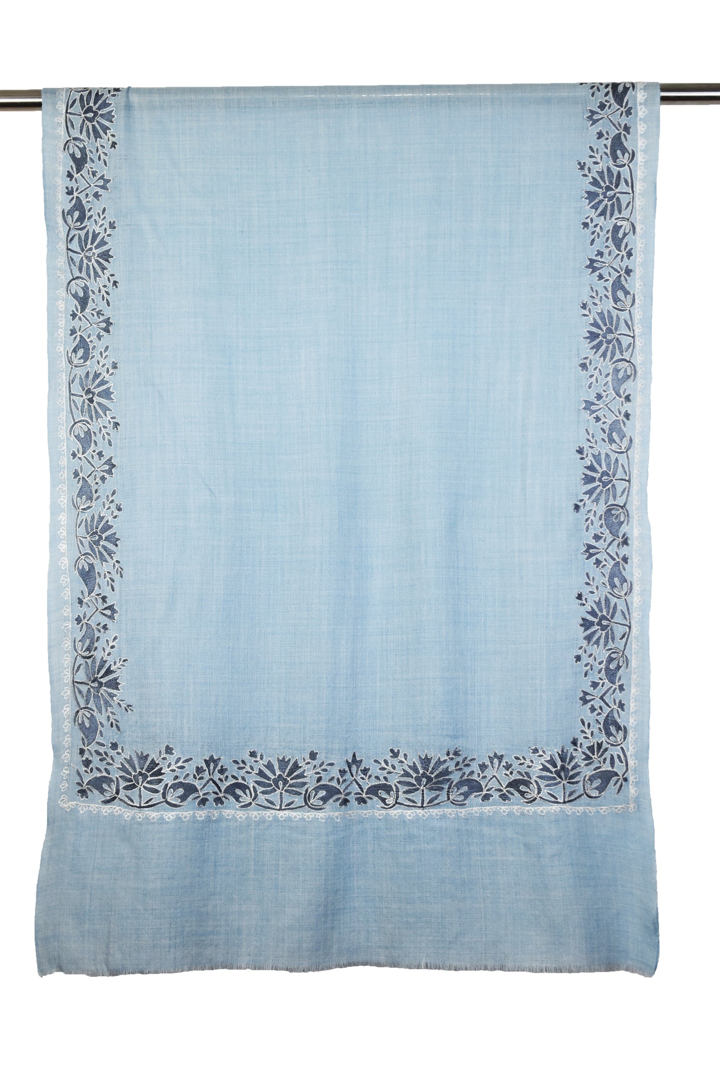 Elegant Kashmiri Cashmere Wool Stole in Ivory Light Blue with Multicolor Hashidar Single Stitch Floral Flowers Deign Embroidery Border