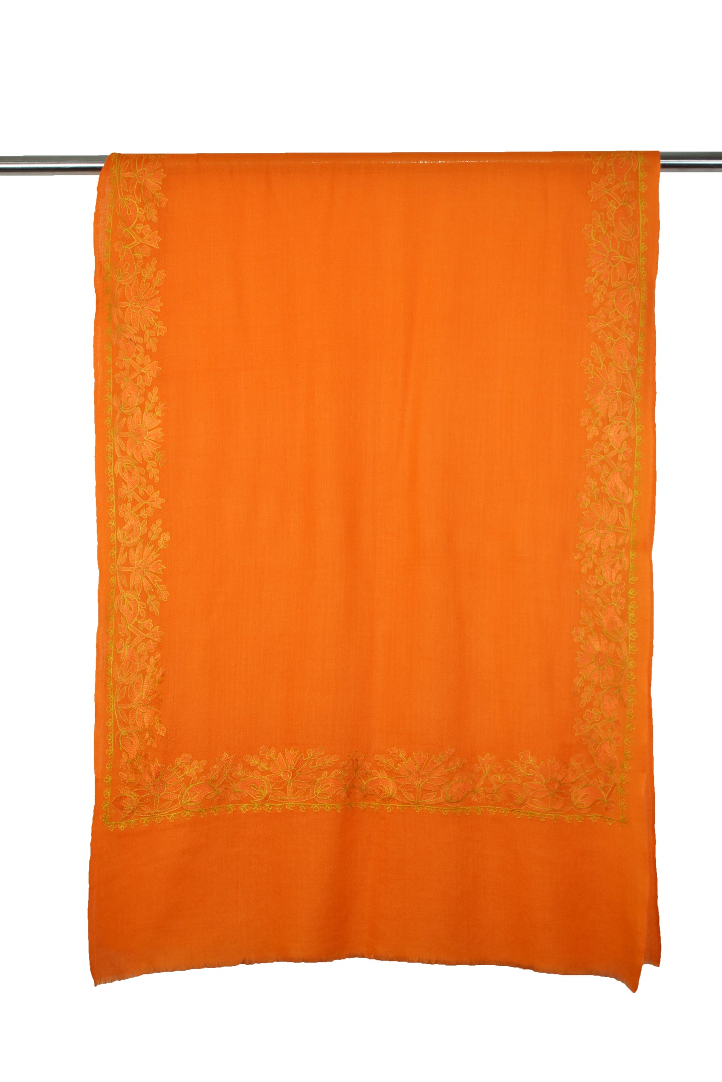 Elegant Kashmiri Cashmere Wool Stole in Crisp Orange with Multicolor Hashidar Single Stitch Embroidery Floral Flowers Design Border