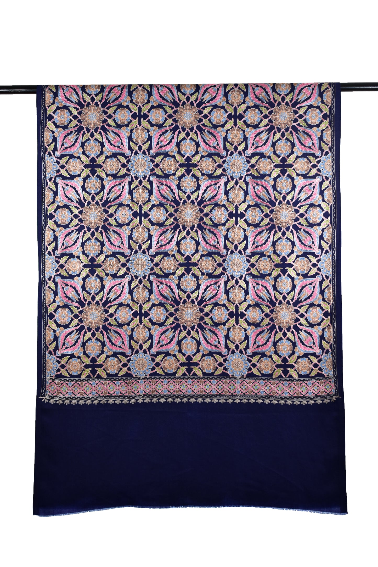 Luxurious Italian Indigo Berry Blue Cashmere Wool Stole with Persian Floral Motifs in Exquisite Sozni Ari Embroidery