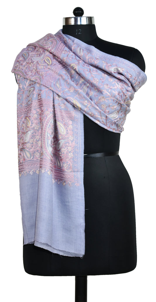 Cashmere Wool Kashmiri Ari Embroidery Stole All over Flower Vines design, Lavender, Multicolor