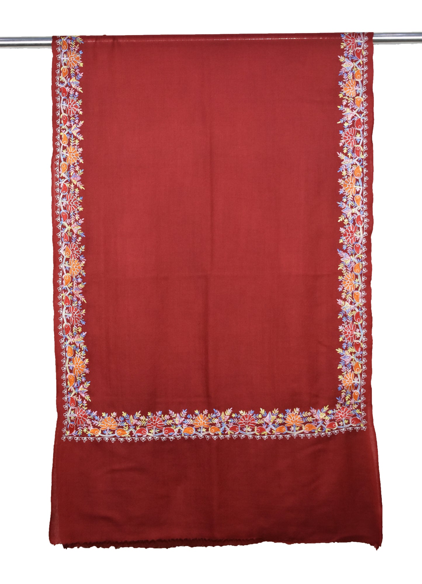 Kashmiri Cashmere Wool Luxury Stole in Maroon Red with Multicolor Hashidar Single Stitch Floral Vein Embroidery