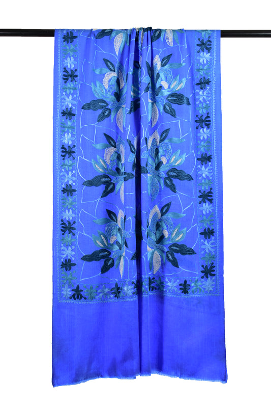 Cashmere Wool Stole in French Sapphire Blue with Intricate Leaf Motifs and Exquisite Ari & Handwork Embroidery by Riem