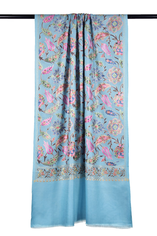 Riem Cashmere Wool Stole in Seagull Blue with Intricate Sozni Ari Embroidery – Multicolor Elegance