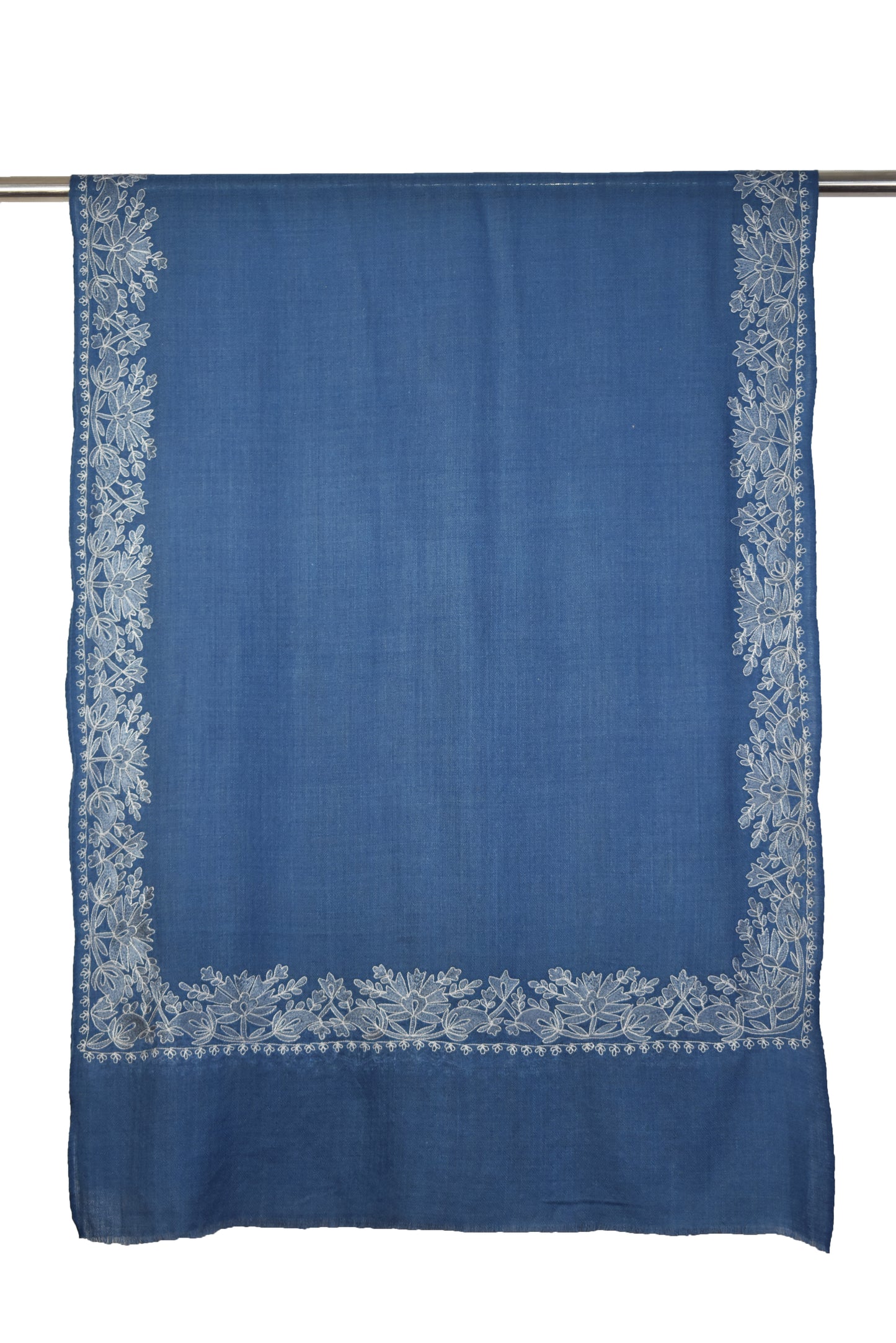 Royal Kashmiri Cashmere Wool Stole in Yale Blue with Multicolor Hashidar Single Stitch Embroidery Floral Flowers Deign Border