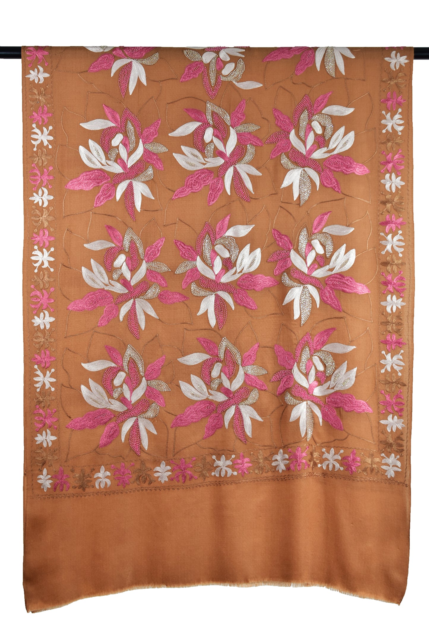 Cashmere Wool Stole in Italian Sienna Brown with Handcrafted Leaf Motifs and Exquisite Ari and Handwork Embroidery by Riem