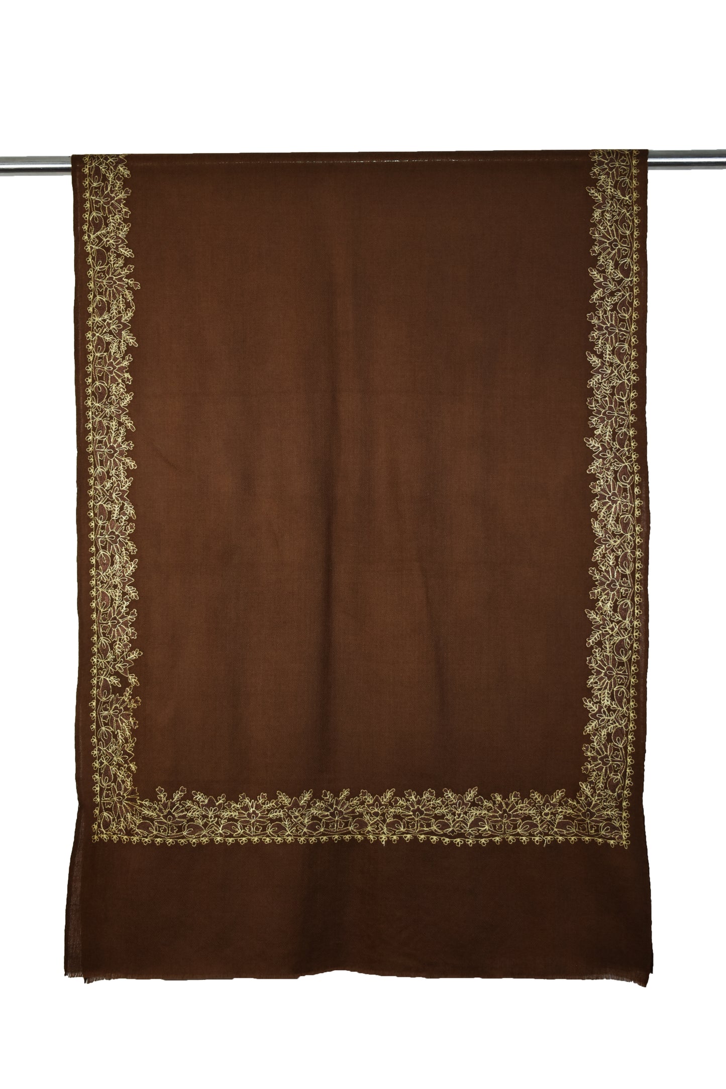 Charming Warm Kashmiri Cashmere Wool Stole in Chocolate Brown with Multicolor Hashidar Single Stitch Embroidery Floral Flowers Design Border