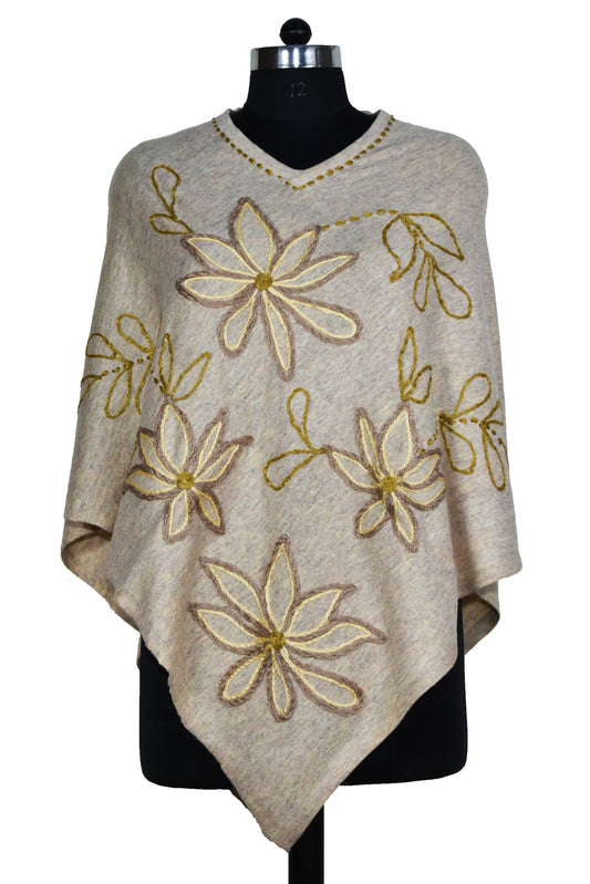 Kashmiri Royal Handwork Embroidery Cashmere wool Poncho, Flower design and border outline design, light beige, multicolor