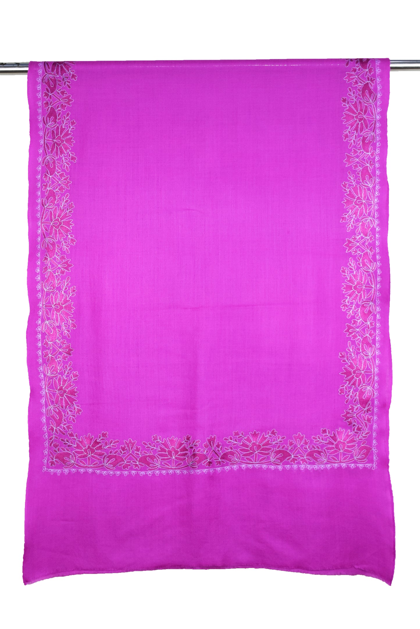 Kashmiri Cashmere Wool Luxury Stole in Barbie Pink – Handwoven with Hashidar Art Single Stitch Floral Vine Embroidery by Riem