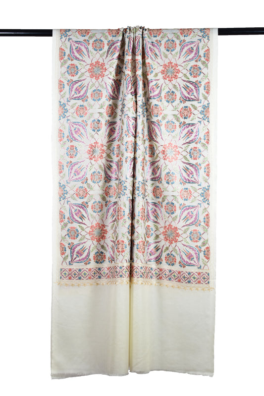 Kashmiri Pearl White Cashmere wool stole with all over Persian flower motifs made with sozni ari embroidery