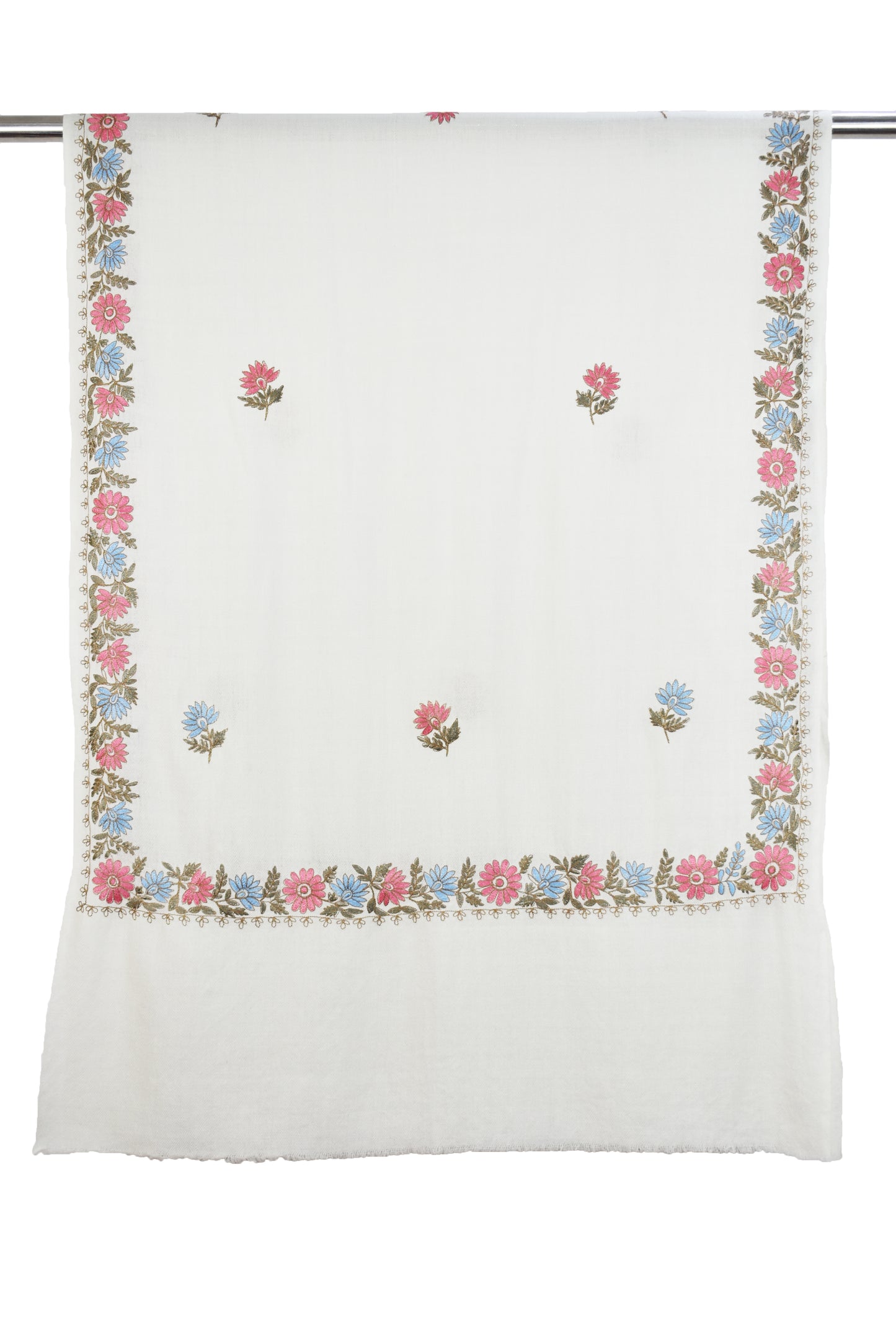 Luxurious Kashmiri Cashmere Wool Stole in White with Multicolor Hashidar Floral Flower Vein Design Single Stitch Embroidery