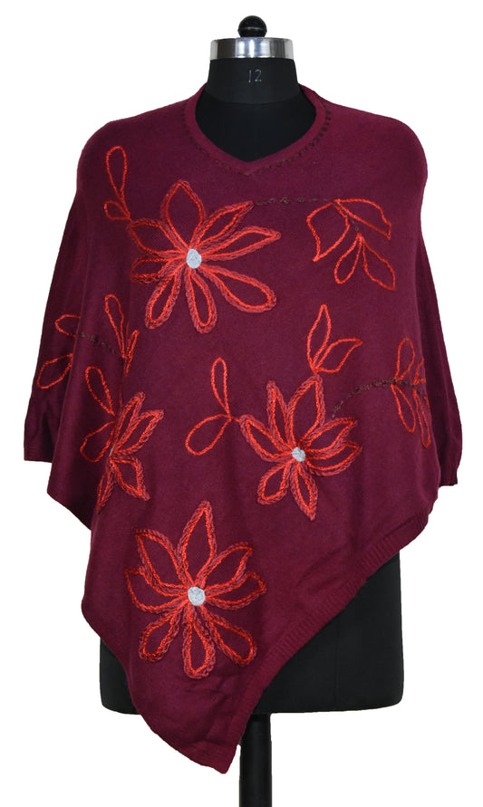 Himalayan Cashmere Hand Embroidery Work Wool Poncho, Border outline and flowers design, Maroon, Multicolor