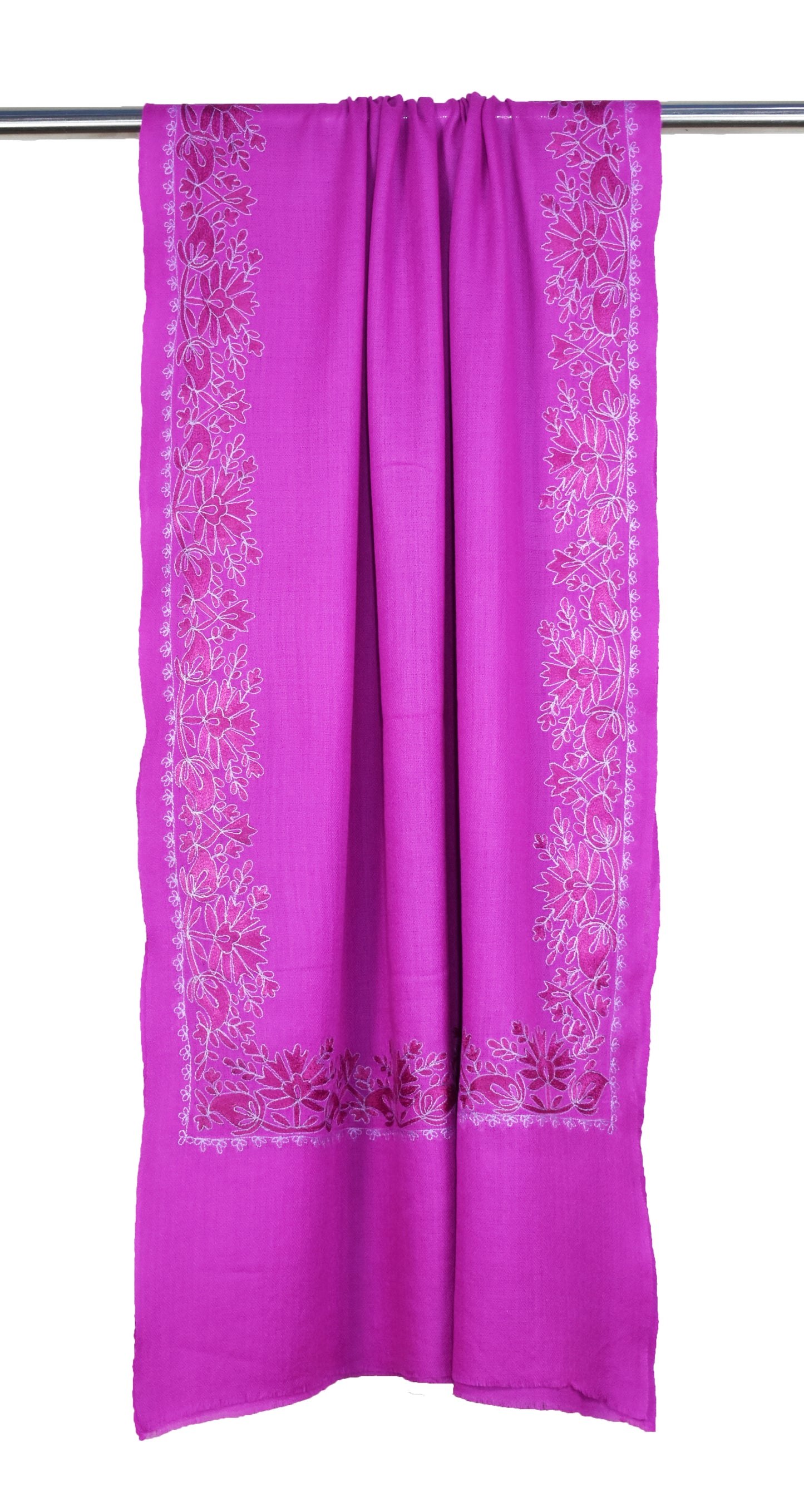 Kashmiri Cashmere Wool Luxury Stole in Barbie Pink – Handwoven with Hashidar Art Single Stitch Floral Vine Embroidery by Riem