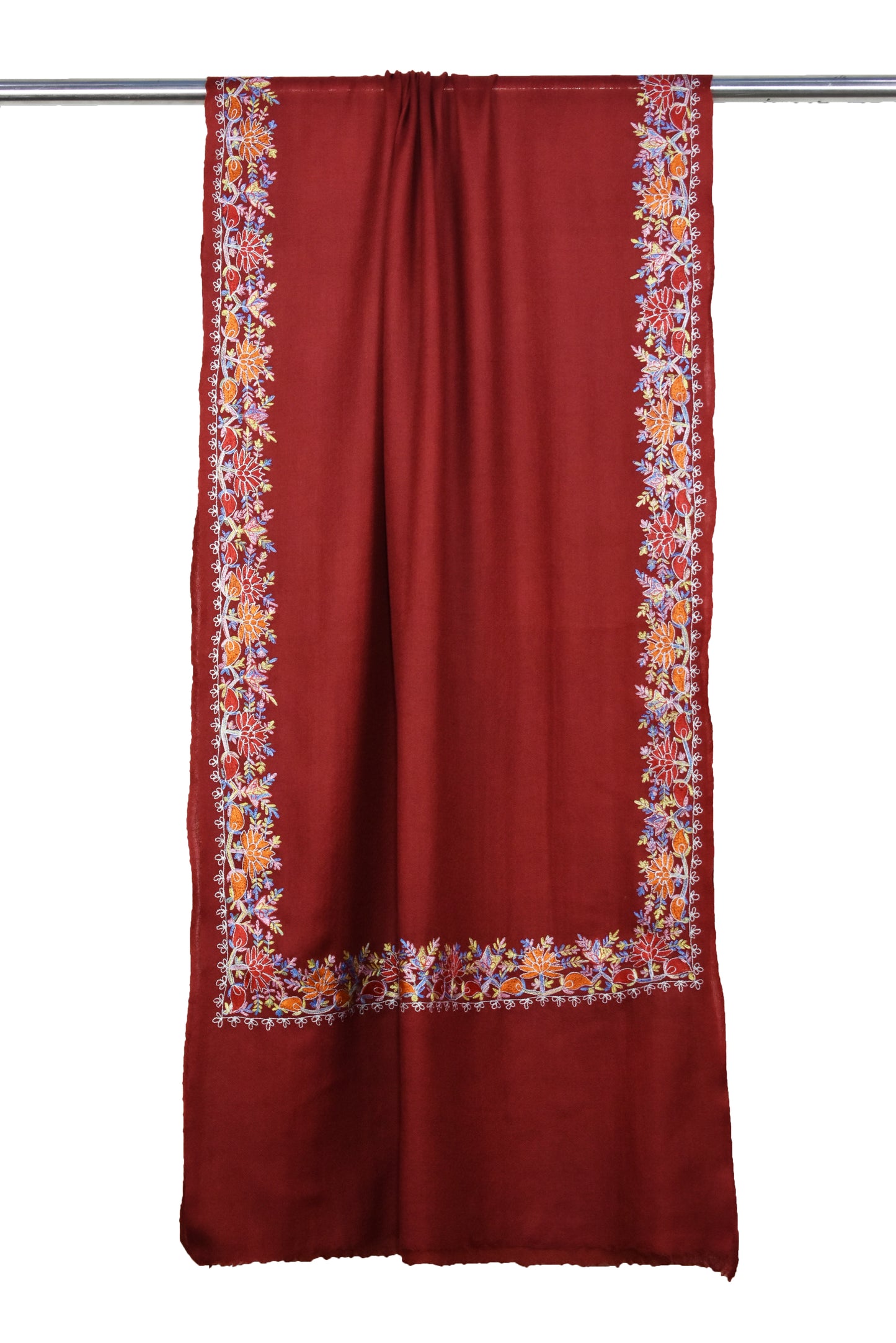 Kashmiri Cashmere Wool Luxury Stole in Maroon Red with Multicolor Hashidar Single Stitch Floral Vein Embroidery