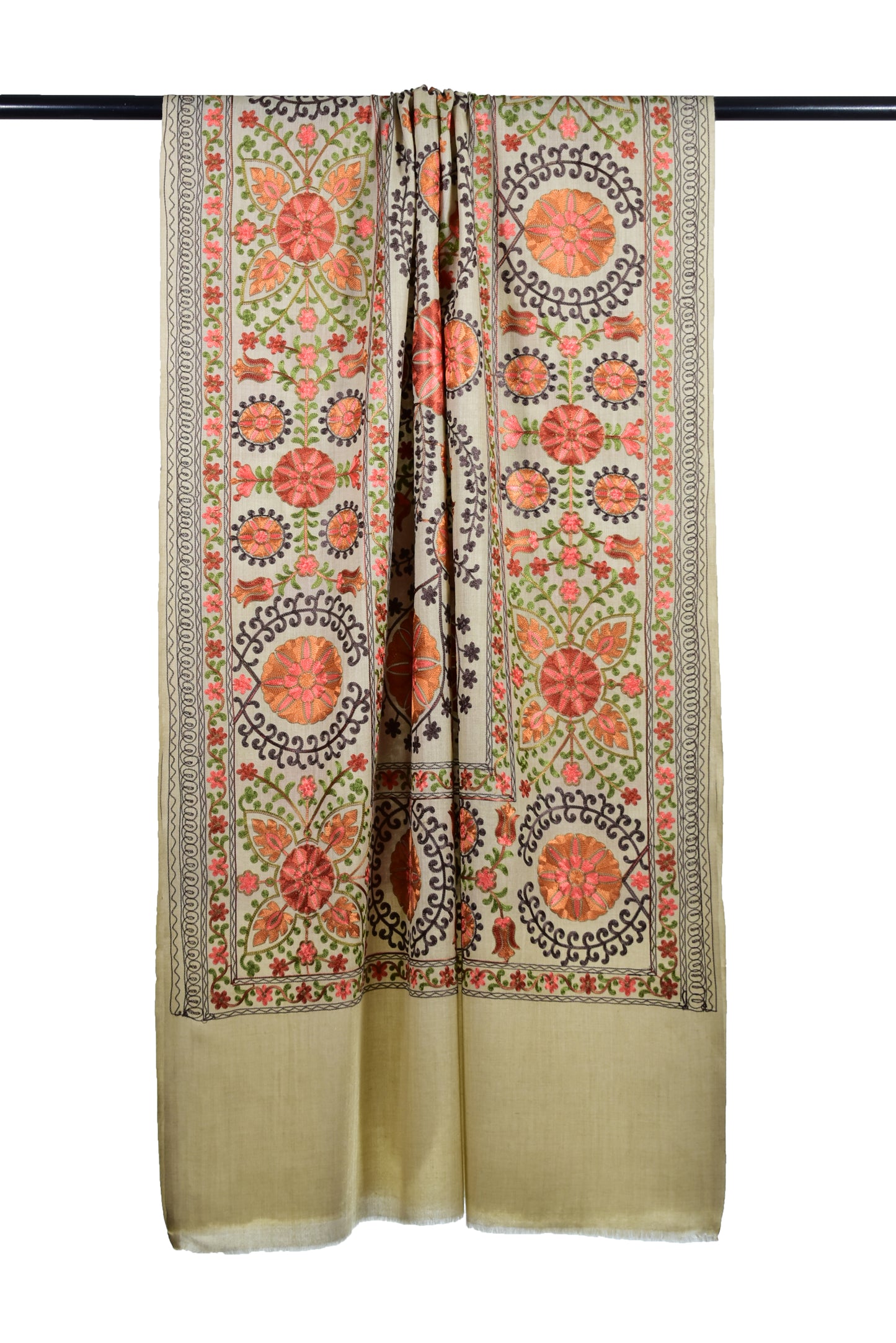 Cashmere Wools stole in natural beige with all over flower motifs in ari embroidery, multicolor by Riem