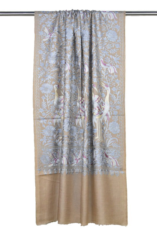 Kashmiri Ari Embroidery Cashmere Wool Stole All over Flower Vines, Flamingo & Birds Design, Dark Brownish Beige, Multicolor