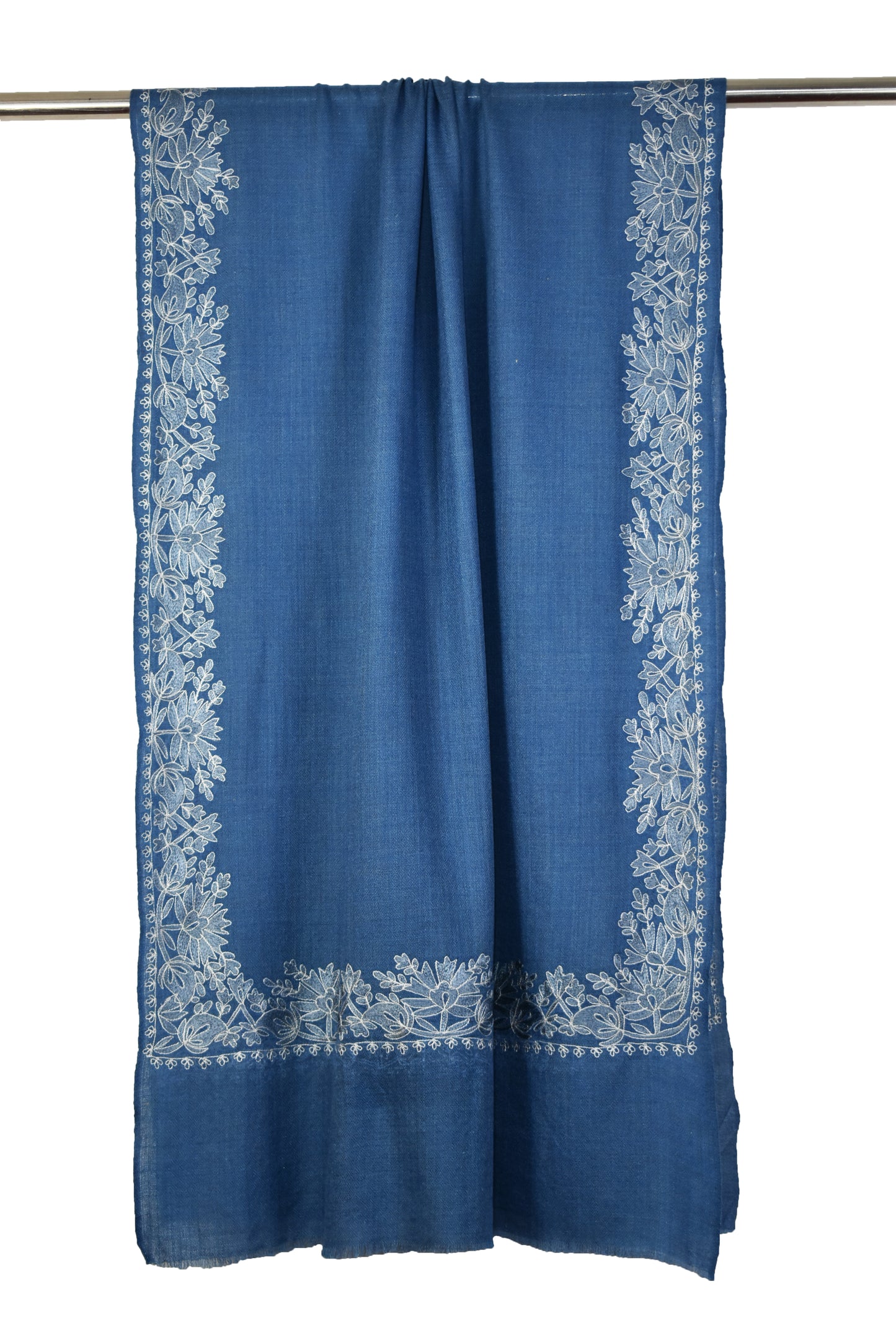 Royal Kashmiri Cashmere Wool Stole in Yale Blue with Multicolor Hashidar Single Stitch Embroidery Floral Flowers Deign Border