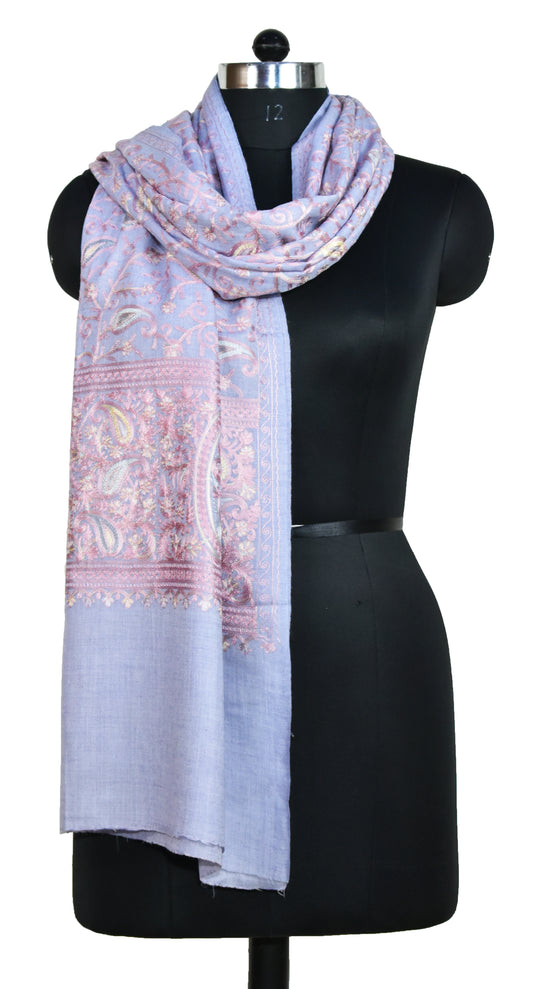 Cashmere Wool Kashmiri Ari Embroidery Stole All over Flower Vines design, Lavender, Multicolor