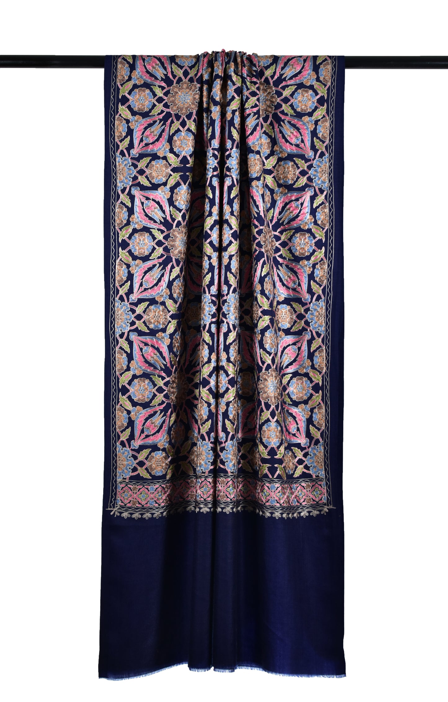 Luxurious Italian Indigo Berry Blue Cashmere Wool Stole with Persian Floral Motifs in Exquisite Sozni Ari Embroidery