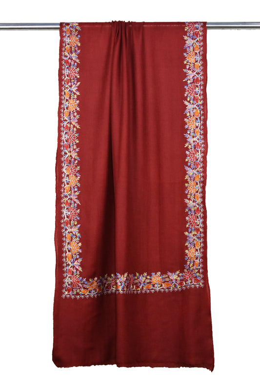 Kashmiri Hashidar single stich Embroidery all over flower vein design cashmere wool stole, Maroon, Multicolor