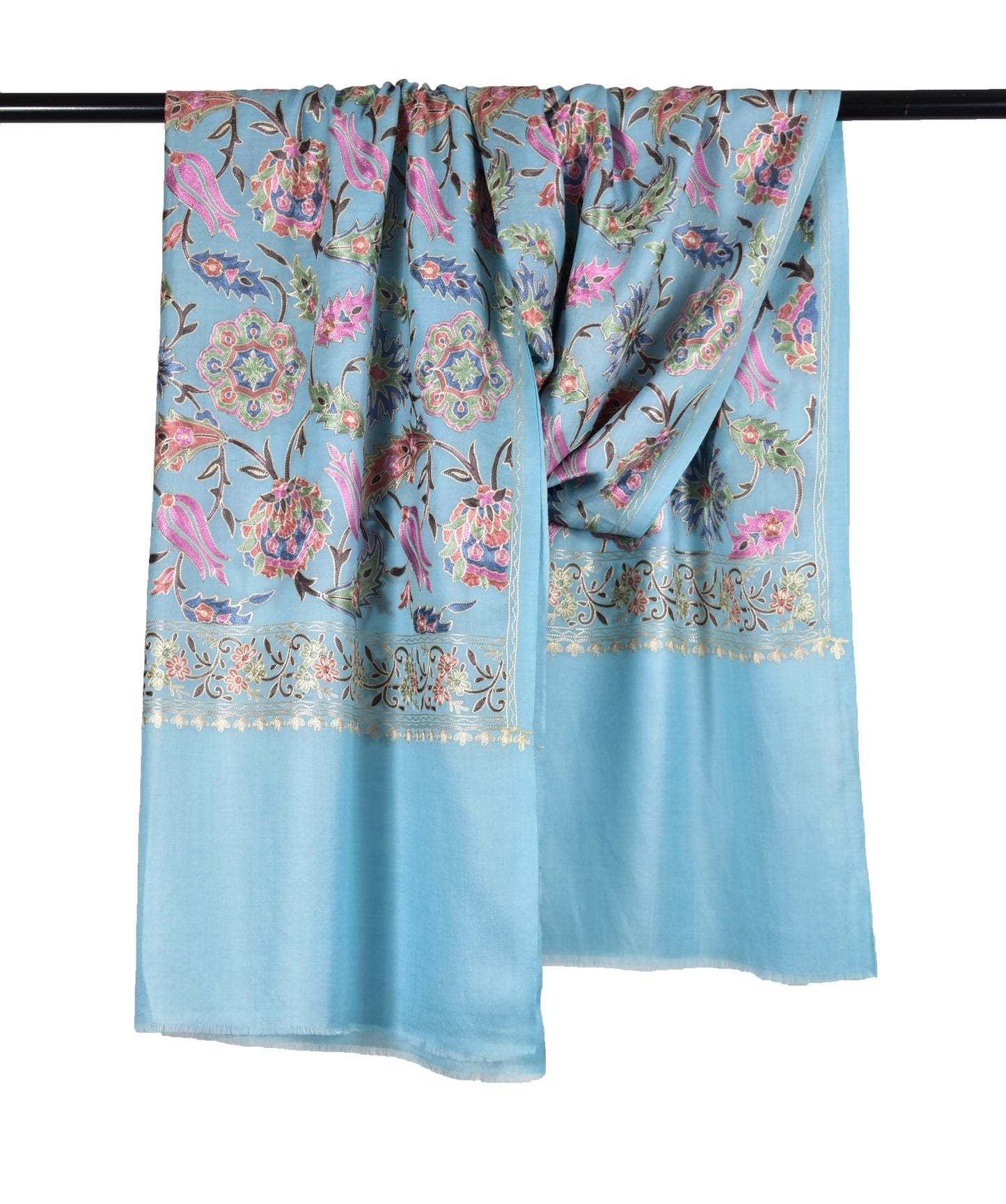 Riem Cashmere Wool Stole in Seagull Blue with Intricate Sozni Ari Embroidery – Multicolor Elegance