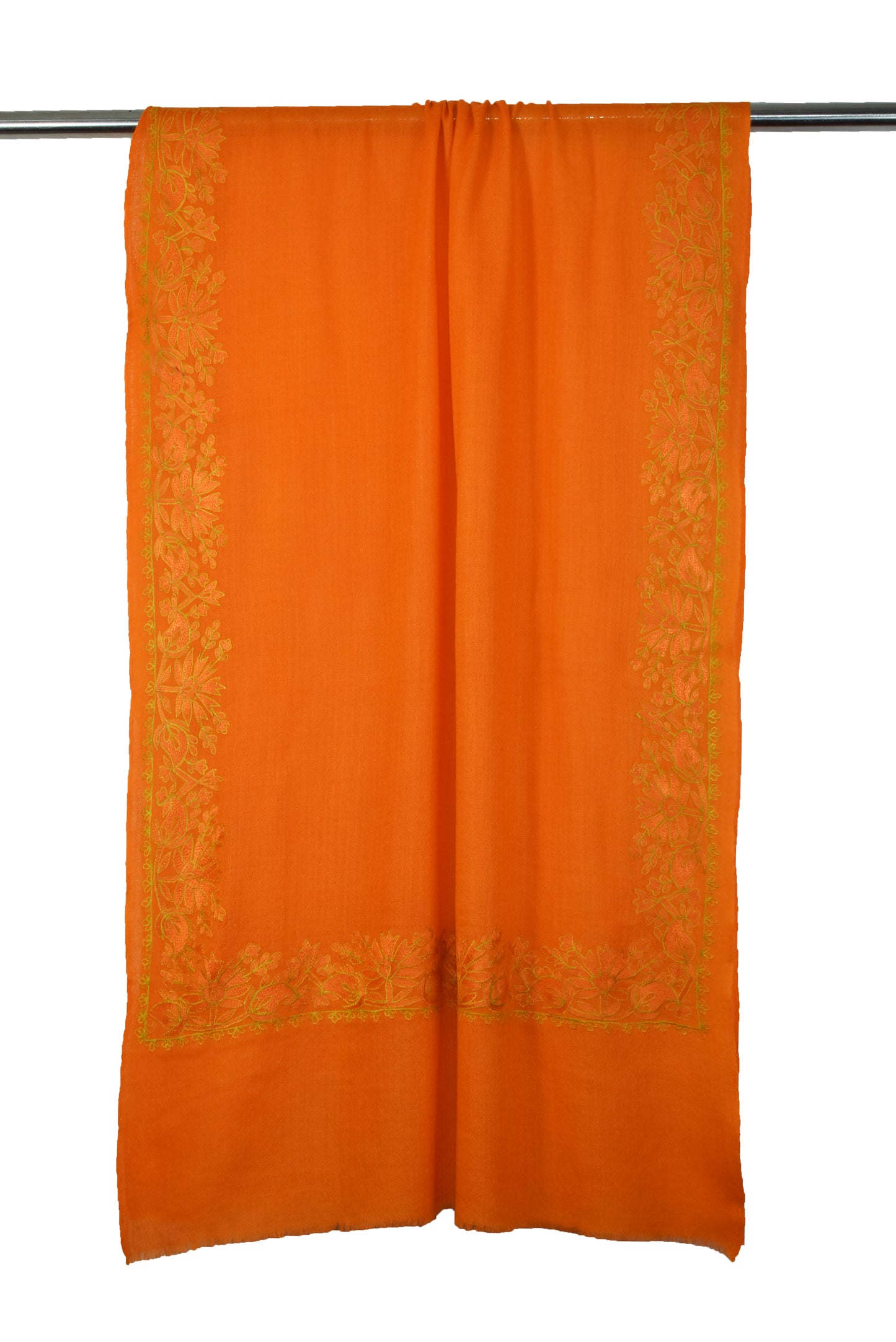 Elegant Kashmiri Cashmere Wool Stole in Crisp Orange with Multicolor Hashidar Single Stitch Embroidery Floral Flowers Design Border