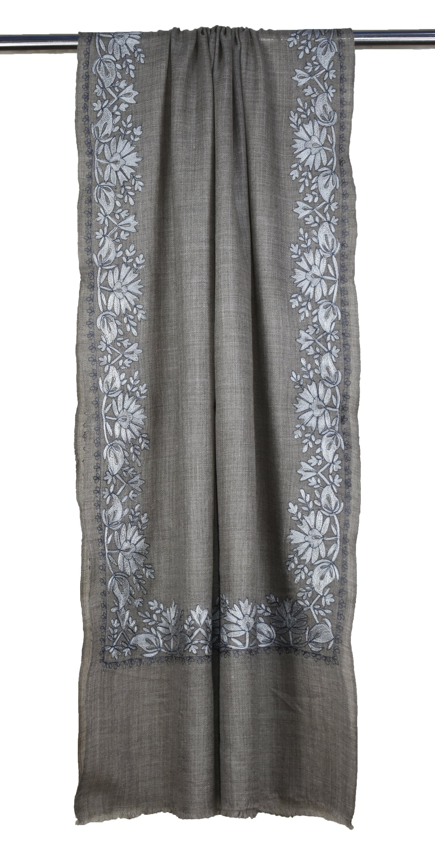 Elegant Kashmiri Cashmere Wool Stole in Greyish Beige with All-Over Floral Vein Hashidar Single Stitch Embroidery