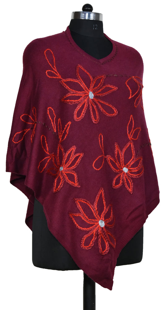 Himalayan Cashmere Hand Embroidery Work Wool Poncho, Border outline and flowers design, Maroon, Multicolor