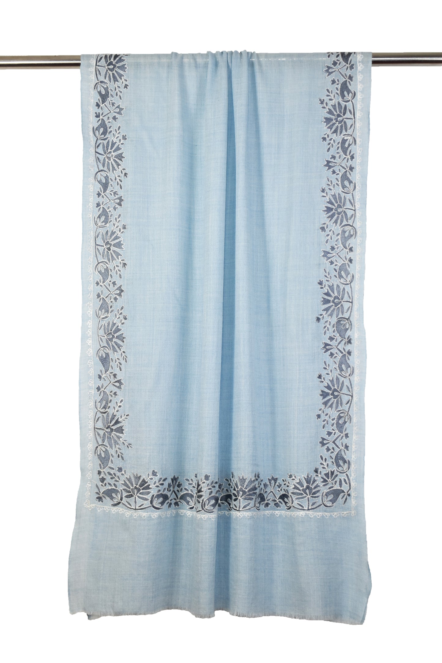 Elegant Kashmiri Cashmere Wool Stole in Ivory Light Blue with Multicolor Hashidar Single Stitch Floral Flowers Deign Embroidery Border