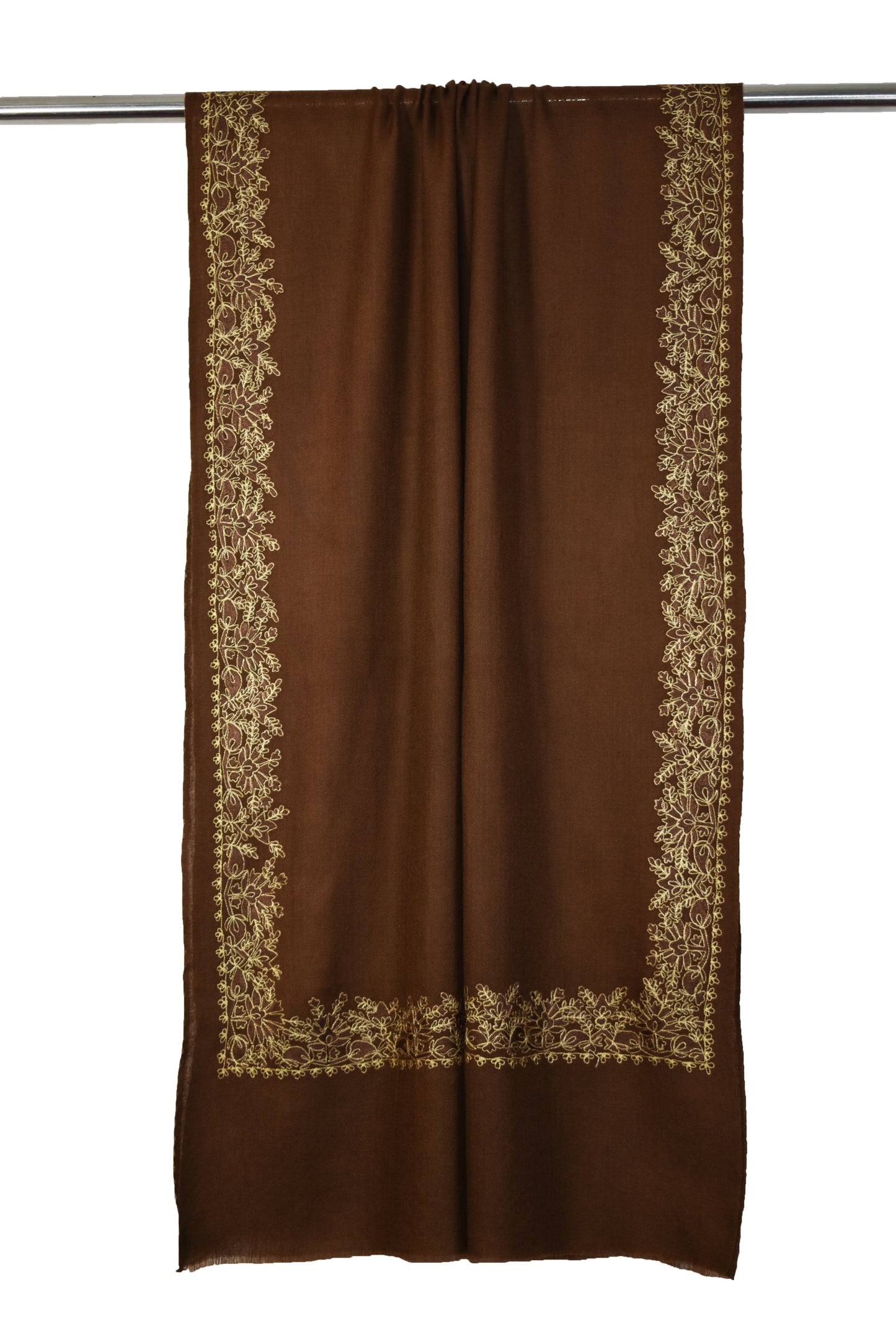 Charming Warm Kashmiri Cashmere Wool Stole in Chocolate Brown with Multicolor Hashidar Single Stitch Embroidery Floral Flowers Design Border