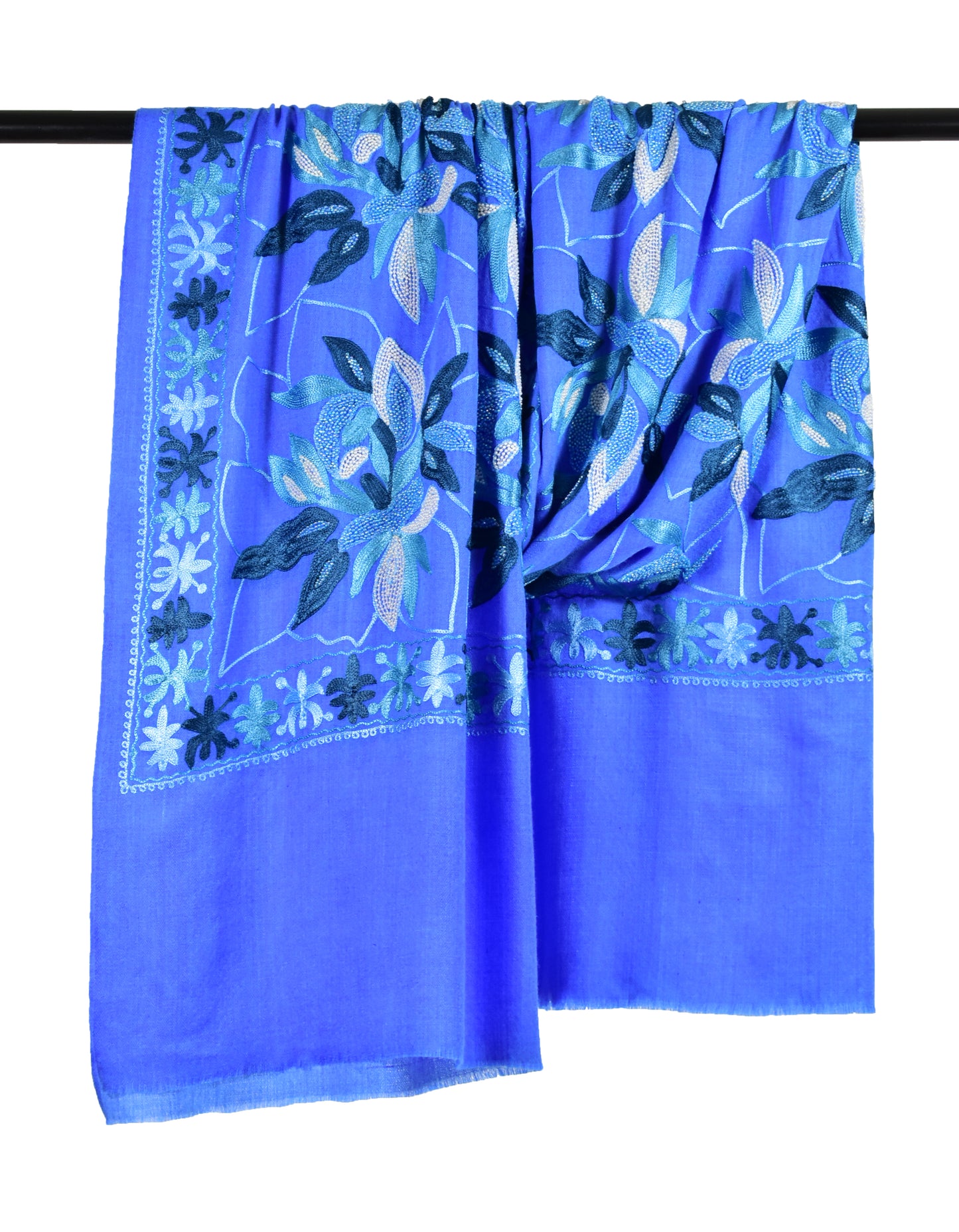 Cashmere Wool Stole in French Sapphire Blue with Intricate Leaf Motifs and Exquisite Ari & Handwork Embroidery by Riem