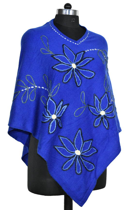 Cashmere Classy Hand Work Embroidery work wool poncho, best for gifting, border outline and flower design, Marine Blue, Multicolor