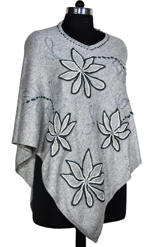 Kashmiri Handwork Embroidery Cashmere wool Poncho, Border outline and flower design, Light Grey, Multicolor