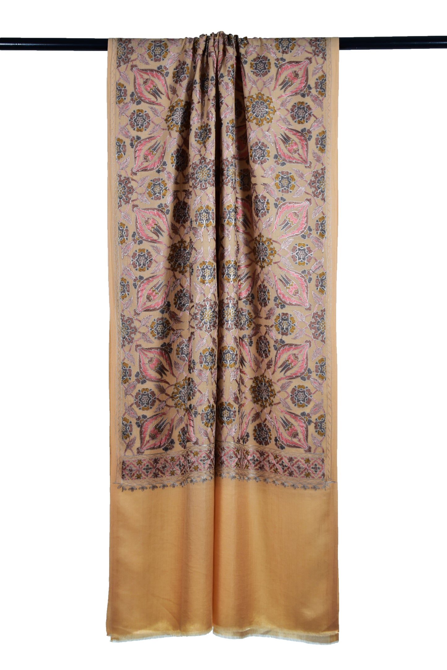 Italian Sepia Beige Cashmere wool stole with all over Persian flower motifs made with sozni ari embroidery