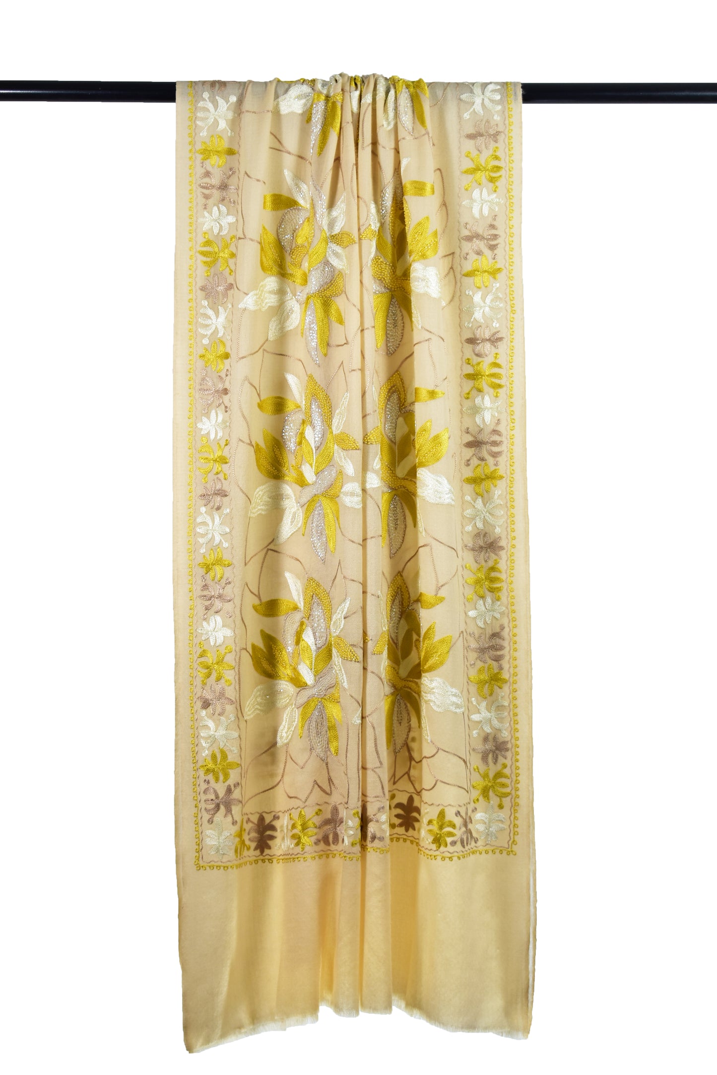 Luxurious Cashmere Wool Stole in Mexican Cornsilk Yellow with Intricate Leaf Motifs with Artisan Ari & Handwork Embroidery by Riem