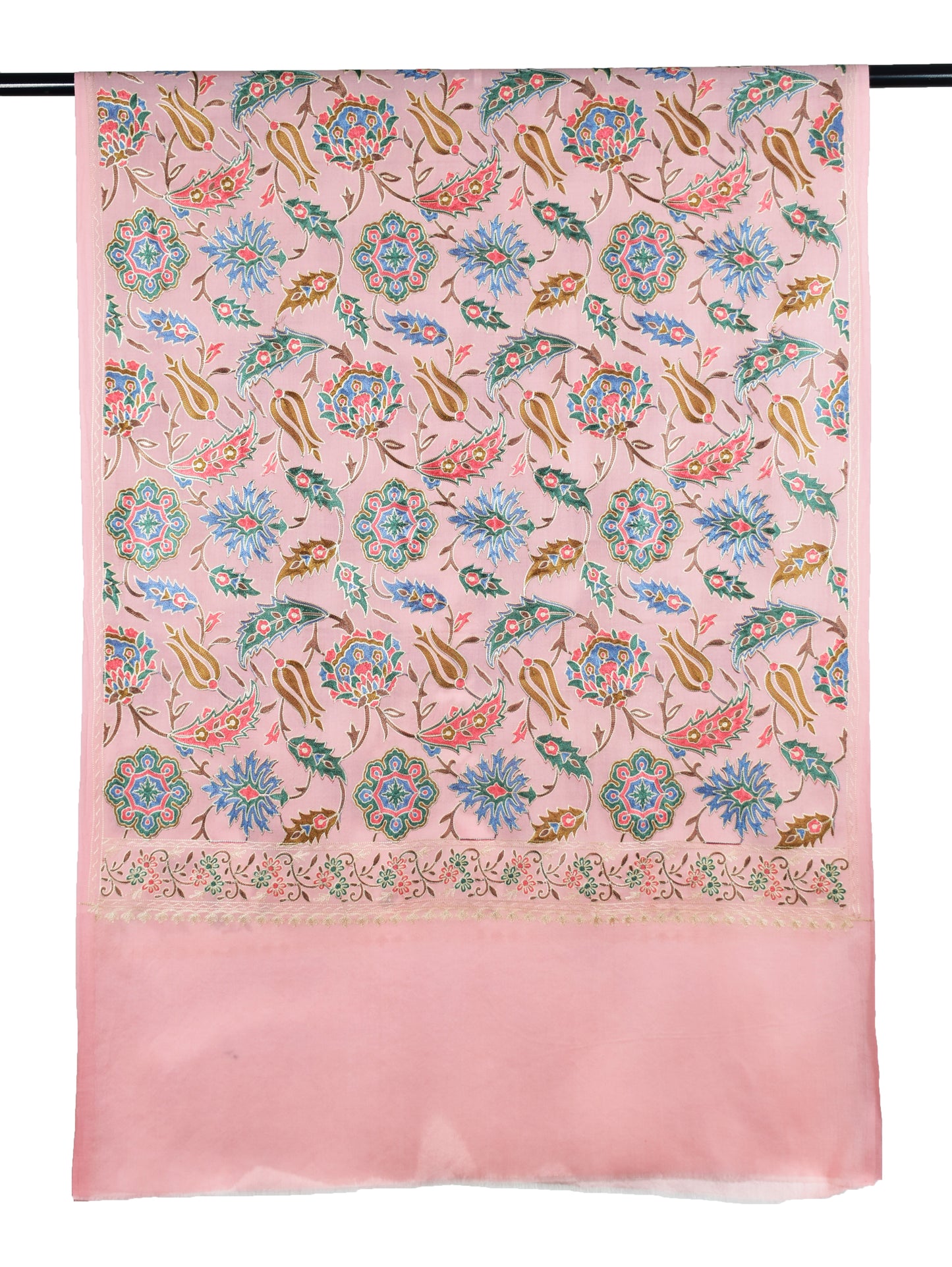 Riem Cashmere Wool all over elegant Sozni Ari Embroidery Stole, Ivory Pink, Multicolor