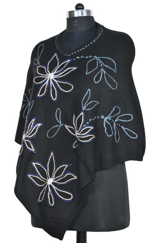 Himalyan Handwork Embroidery Cashmere wool Classy Poncho, Border outline and flower design, Black, multicolor