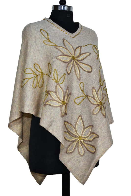 Kashmiri Royal Handwork Embroidery Cashmere wool Poncho, Flower design and border outline design, light beige, multicolor