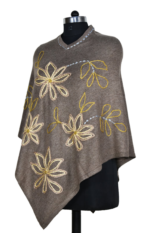 Himalyan Elegant Cashemre Hand Work Embroidery Work wool Poncho, Border outline and flower design, Woody brown, Multicolor
