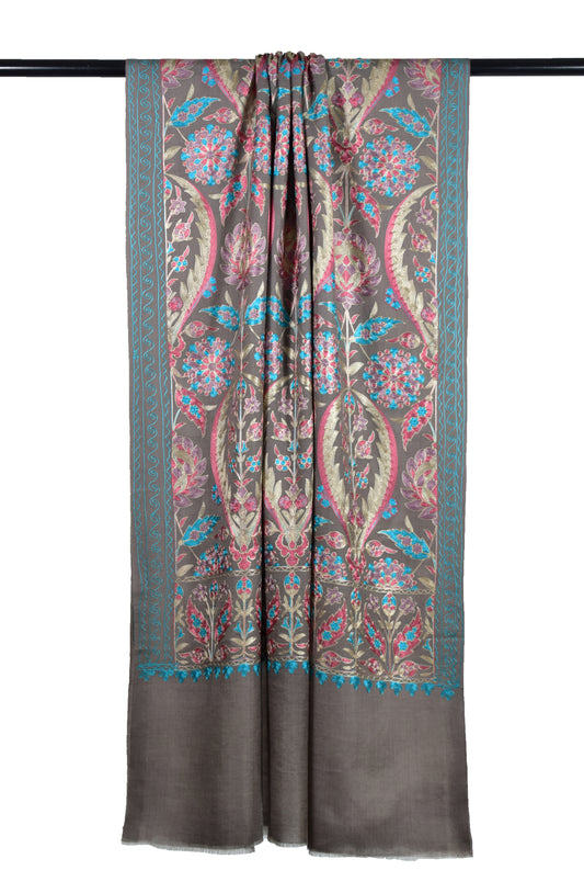 All-Over Winter Floral Motifs on Cashmere Wool Stole with Jaaldar Ari Embroidery – Natural Brown & Multicolor Elegance