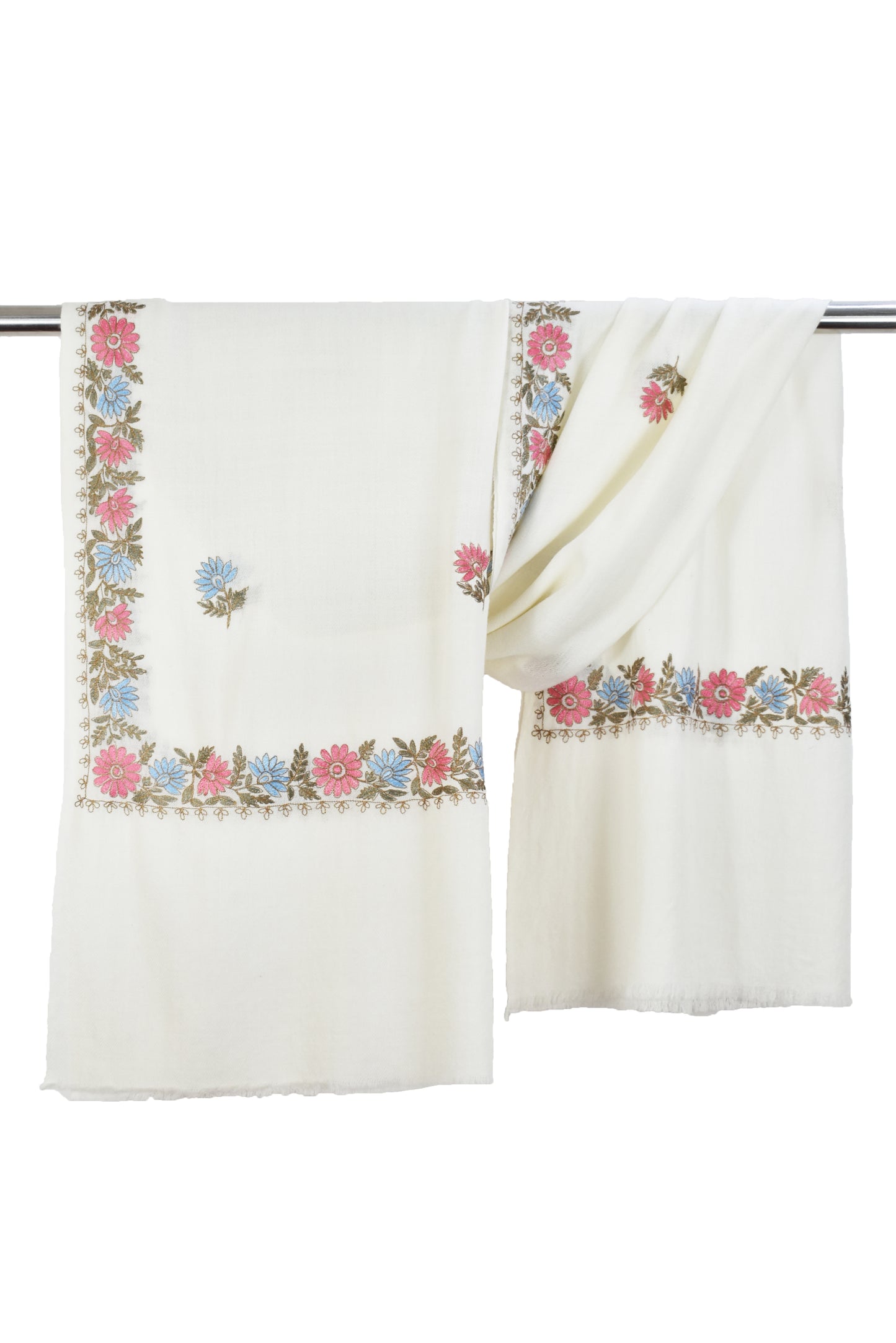 Luxurious Kashmiri Cashmere Wool Stole in White with Multicolor Hashidar Floral Flower Vein Design Single Stitch Embroidery