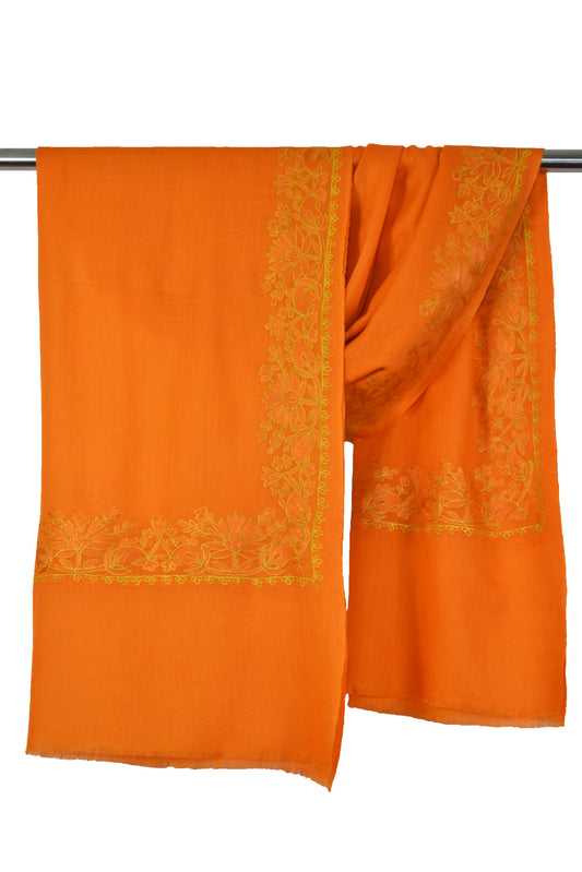 Elegant Kashmiri Cashmere Wool Stole in Crisp Orange with Multicolor Hashidar Single Stitch Embroidery Floral Flowers Design Border