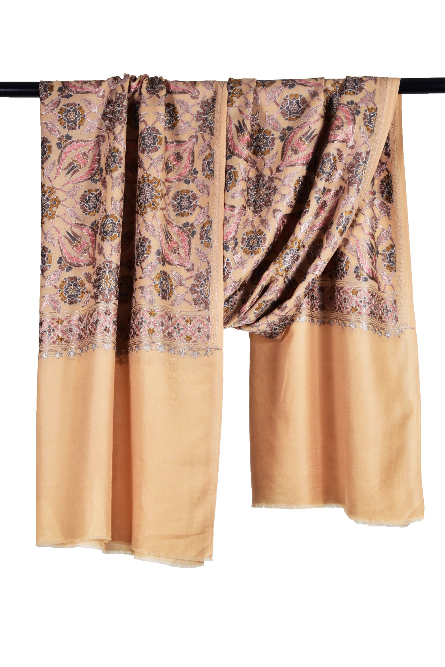 Italian Sepia Beige Cashmere wool stole with all over Persian flower motifs made with sozni ari embroidery